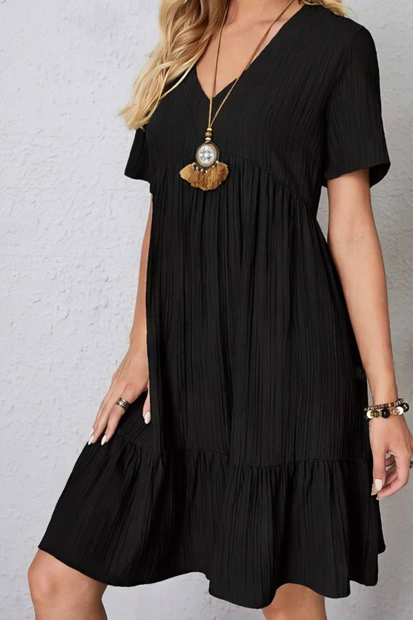 Robe Champêtre Col En V Manches Courtes Coupe A-Line