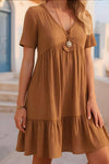 Robe Champêtre Col En V Manches Courtes Coupe A-Line