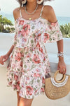 Robe Champêtre Courte À Bretelles Épaules Dénudées Double Volant Imprimé Floral Rose