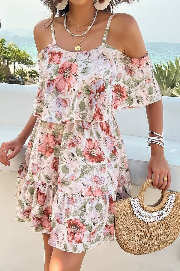 Robe Champêtre Courte À Bretelles Épaules Dénudées Double Volant Imprimé Floral Rose