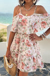 Robe Champêtre Courte À Bretelles Épaules Dénudées Double Volant Imprimé Floral Rose