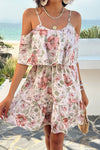Robe Champêtre Courte À Bretelles Épaules Dénudées Double Volant Imprimé Floral Rose