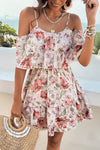 Robe Champêtre Courte À Bretelles Épaules Dénudées Double Volant Imprimé Floral Rose