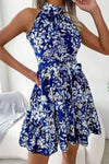 Robe Champêtre Courte À Fleurs Col Licou Ceinture Nœud À La Taille Été