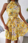 Robe Champêtre Courte À Fleurs Col Licou Ceinture Nœud À La Taille Été