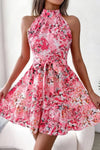 Robe Champêtre Courte À Fleurs Col Licou Ceinture Nœud À La Taille Été