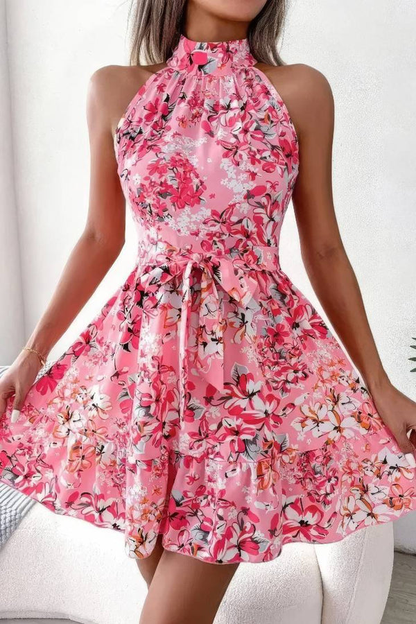 Robe Champêtre Courte À Fleurs Col Licou Ceinture Nœud À La Taille Été