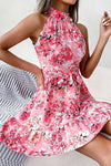 Robe Champêtre Courte À Fleurs Col Licou Ceinture Nœud À La Taille Été