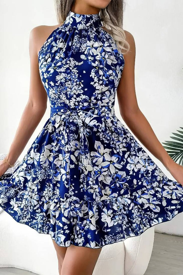 Robe Champêtre Courte À Fleurs Col Licou Ceinture Nœud À La Taille Été