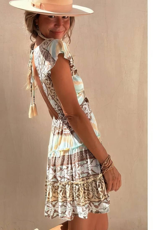 Robe Champêtre Courte Bohème Ethnique Imprimée Col En V Manches Volantées Taille Cintrée Jupe Courte