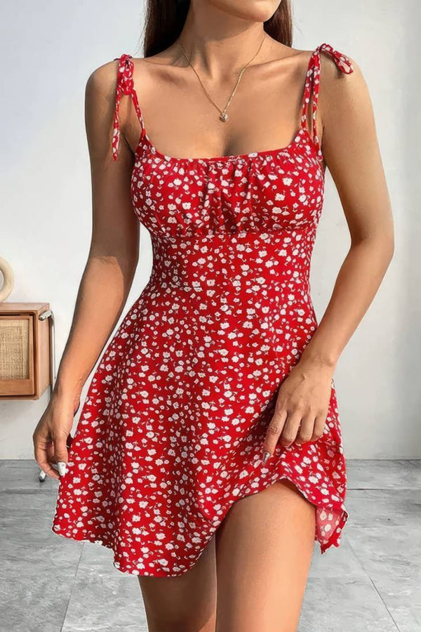 Robe Champêtre Courte Bretelles Nouées Coupe A-Line Fleurie