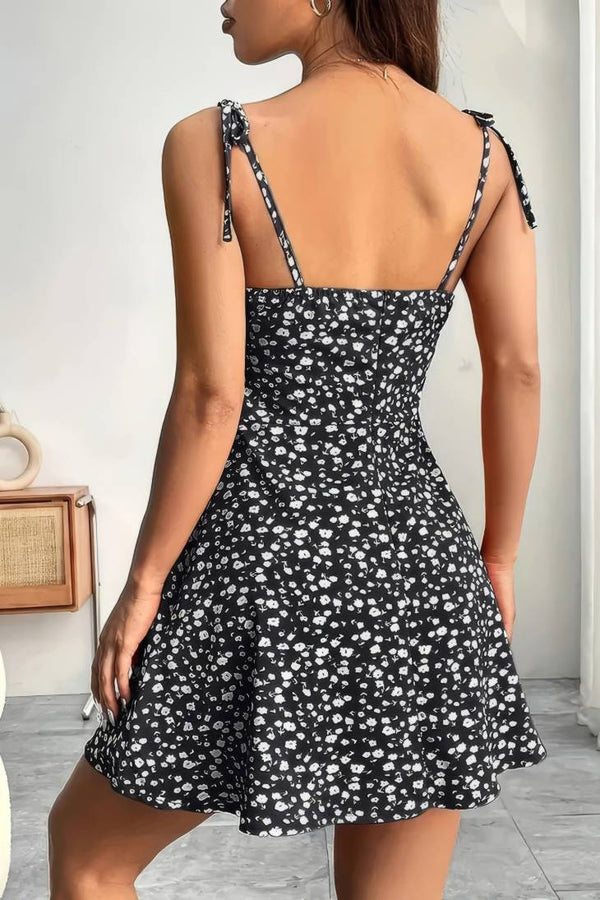 Robe Champêtre Courte Bretelles Nouées Coupe A-Line Fleurie