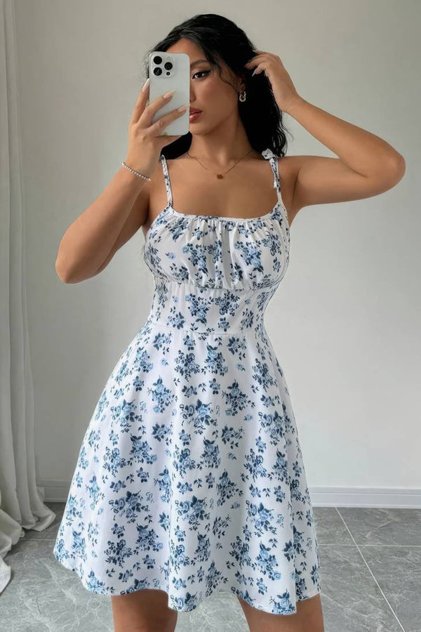 Robe Champêtre Courte Bretelles Nouées Coupe A-Line Fleurie