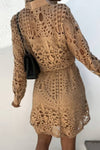 Robe Champêtre Courte Col Chemise Manches Longues Dentelle Ajourée Boutonnée Taille Ceinturée