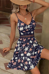 Robe Champêtre Courte Col En V Bretelles Fines Coupe A-Line Fleurie Bleu Profond