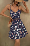 Robe Champêtre Courte Col En V Bretelles Fines Coupe A-Line Fleurie Bleu Profond