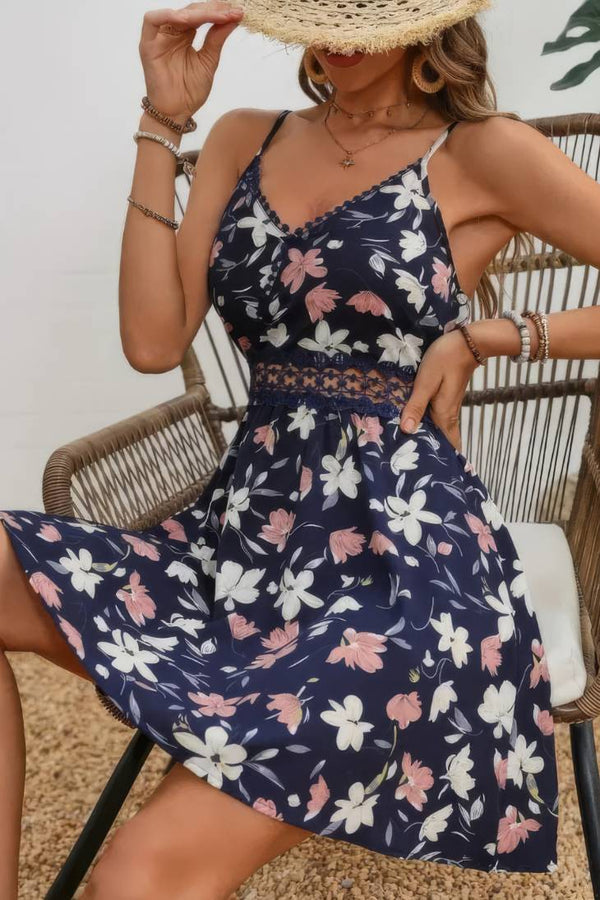 Robe Champêtre Courte Col En V Bretelles Fines Coupe A-Line Fleurie Bleu Profond