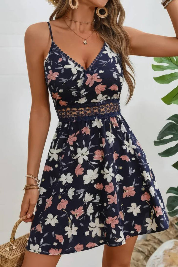 Robe Champêtre Courte Col En V Bretelles Fines Coupe A-Line Fleurie Bleu Profond