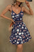 Robe Champêtre Courte Col En V Bretelles Fines Coupe A-Line Fleurie Bleu Profond