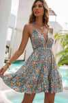 Robe Champêtre Courte Col En V Bretelles Fines Coupe A-Line Fleurie Bleue