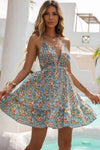 Robe Champêtre Courte Col En V Bretelles Fines Coupe A-Line Fleurie Bleue