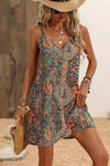 Robe Champêtre Courte Col En V Bretelles Fines Coupe A-Line Motifs Bohème Multicolore