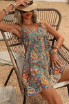 Robe Champêtre Courte Col En V Bretelles Fines Coupe A-Line Motifs Bohème Multicolore