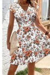 Robe Champêtre Courte Col En V Manches Courtes Taille Smockée Coupe A-Line Fleurie