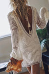 Robe Champêtre Courte Col En V Manches Longues Crochet Ajourée Dos Nu Coupe Droite Blanche