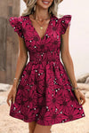 Robe Champêtre Courte Col En V Manches Papillon Coupe A-Line Motifs Floraux