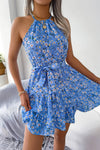 Robe Champêtre Courte Col Halter Sans Manches Coupe A-Line Ceinturée Fleurie