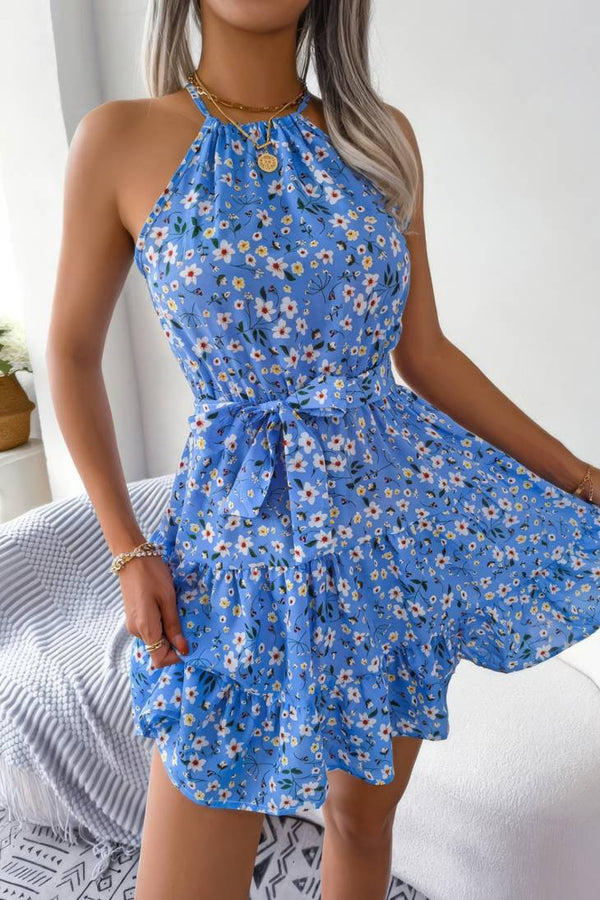 Robe Champêtre Courte Col Halter Sans Manches Coupe A-Line Ceinturée Fleurie