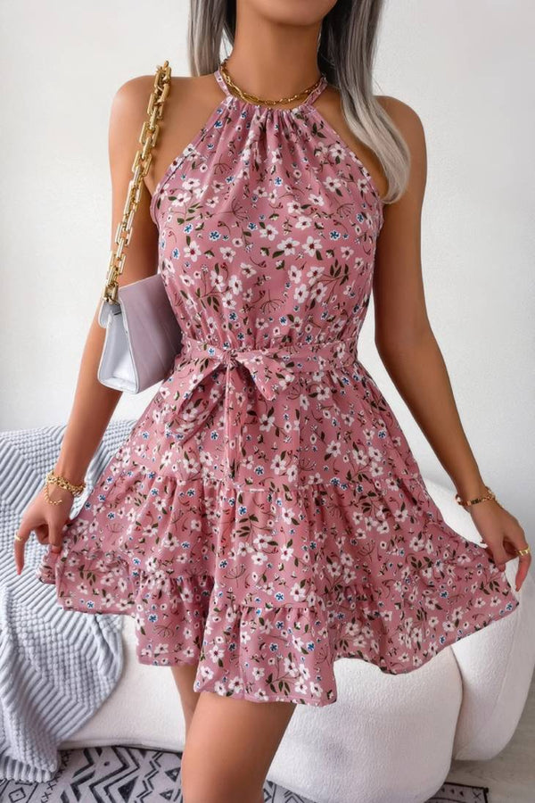 Robe Champêtre Courte Col Halter Sans Manches Coupe A-Line Ceinturée Fleurie