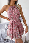 Robe Champêtre Courte Col Halter Sans Manches Coupe A-Line Ceinturée Fleurie