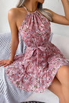 Robe Champêtre Courte Col Halter Sans Manches Coupe A-Line Ceinturée Fleurie