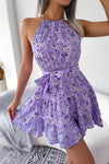 Robe Champêtre Courte Col Halter Sans Manches Coupe A-Line Ceinturée Fleurie