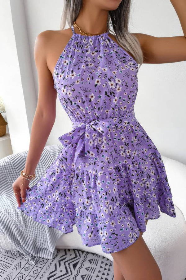 Robe Champêtre Courte Col Halter Sans Manches Coupe A-Line Ceinturée Fleurie