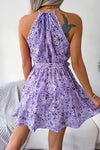 Robe Champêtre Courte Col Halter Sans Manches Coupe A-Line Ceinturée Fleurie