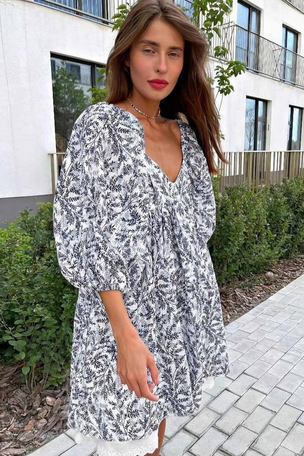 Robe Champêtre Courte Patchwork Bohème Manches Bouffantes Col En V