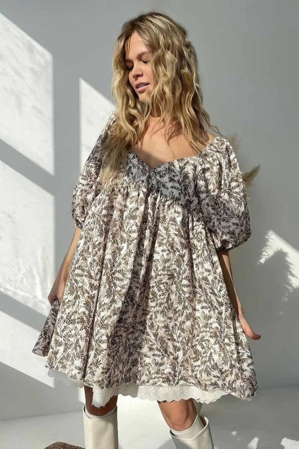Robe Champêtre Courte Patchwork Bohème Manches Bouffantes Col En V