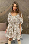 Robe Champêtre Courte Patchwork Bohème Manches Bouffantes Col En V