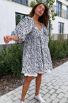 Robe Champêtre Courte Patchwork Bohème Manches Bouffantes Col En V