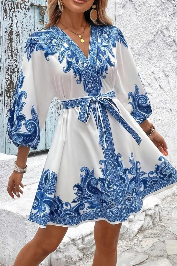 Robe Champêtre Courte Vintage Col V Manches Bouffantes Ceinture Imprimé Baroque