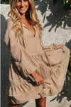 Robe Champêtre De Plage Boho Manches Longues Col En V Volantée Brun Clair
