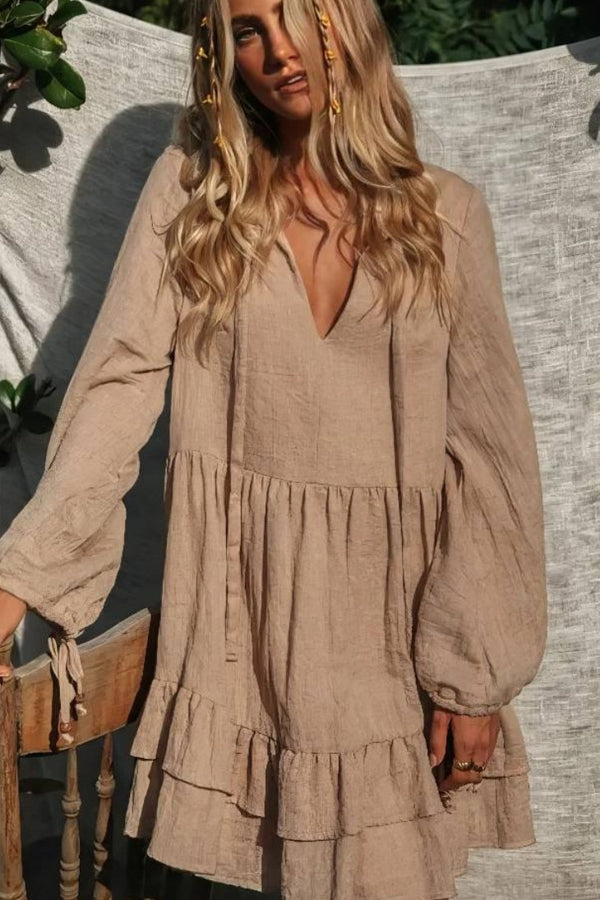 Robe Champêtre De Plage Boho Manches Longues Col En V Volantée Brun Clair
