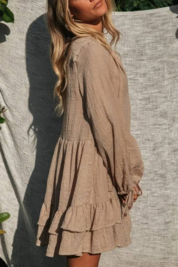 Robe Champêtre De Plage Boho Manches Longues Col En V Volantée Brun Clair