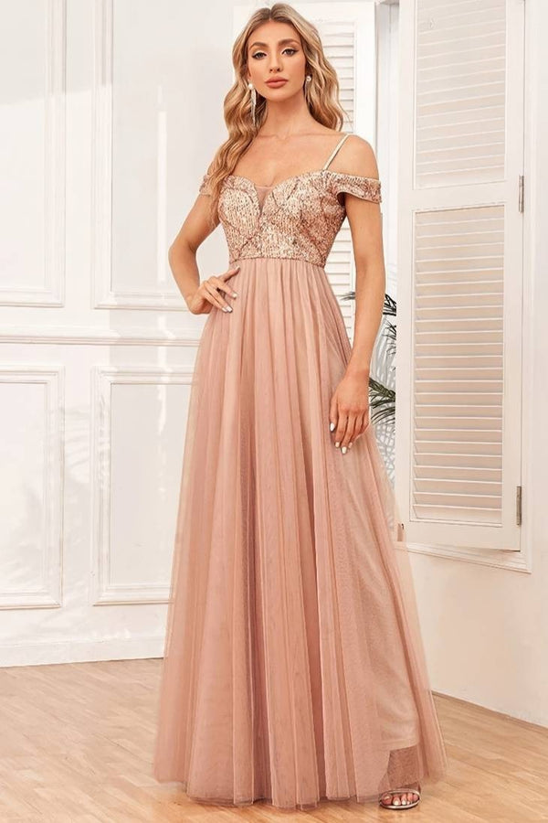 Robe Champêtre De Soirée Maxi À Paillettes Col Bardot Bretelles Fines Longue Fluide En Tulle