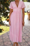 Robe Champêtre Élégante Col En V Manches Bouffantes Boutonnée Taille Haute Plage Été