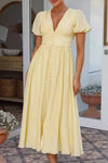 Robe Champêtre Élégante Col En V Manches Bouffantes Boutonnée Taille Haute Plage Été