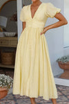 Robe Champêtre Élégante Col En V Manches Bouffantes Boutonnée Taille Haute Plage Été
